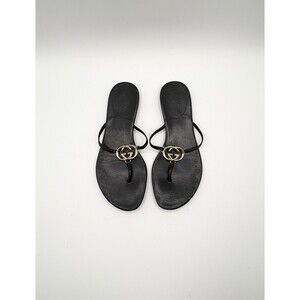 Gucci Black Leather Thong Sandals Gold GG Logo Emblem Vintage Size EU 36